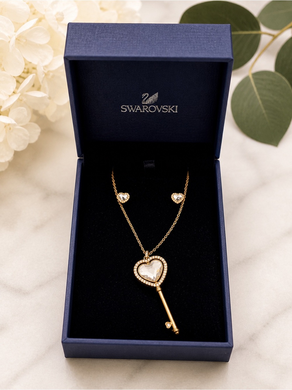 Swarovski Gold Heart Key Pendant Necklace and Earrings Set with Crystal Accents